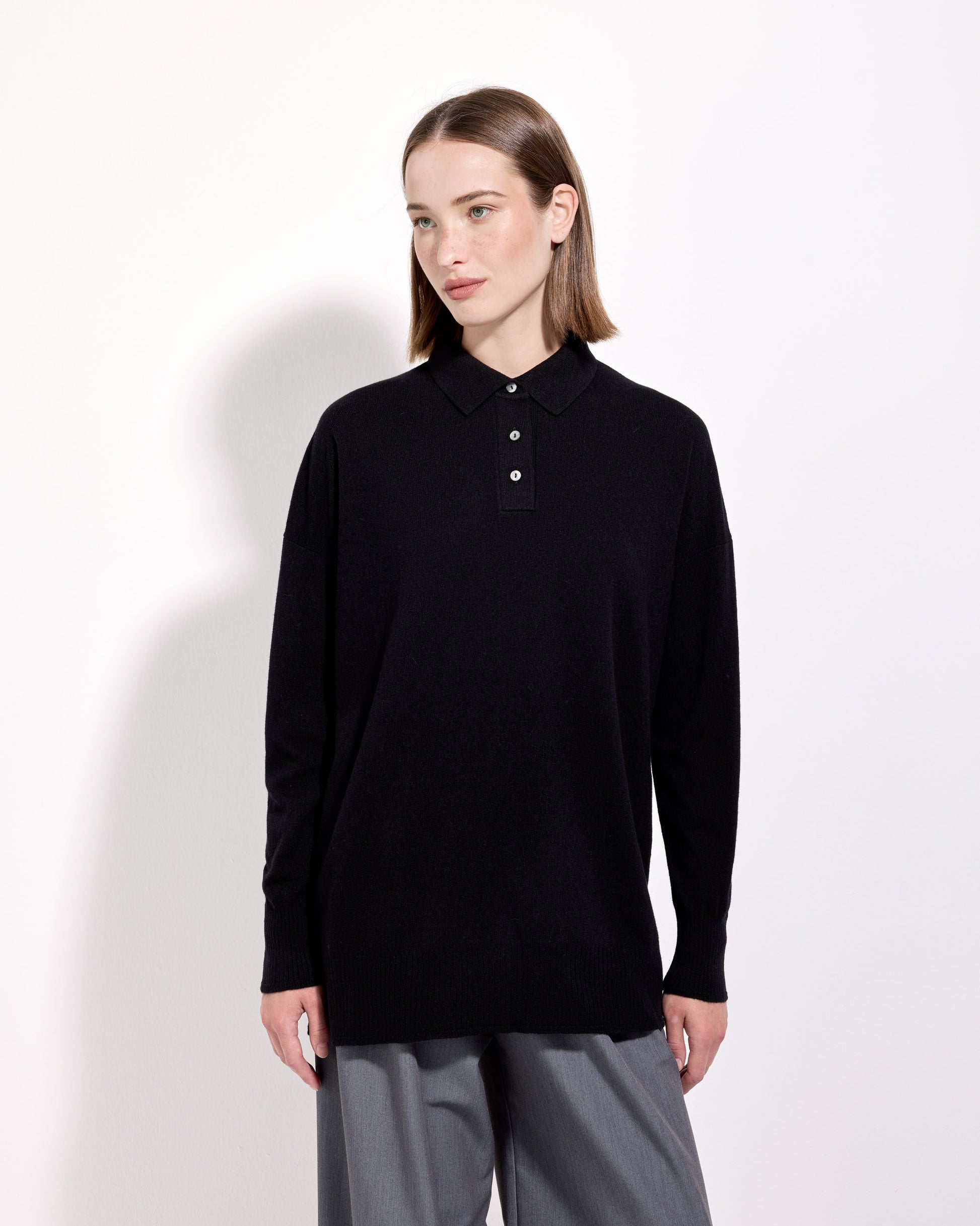 Maglia a polo lana seta cashmere nero 