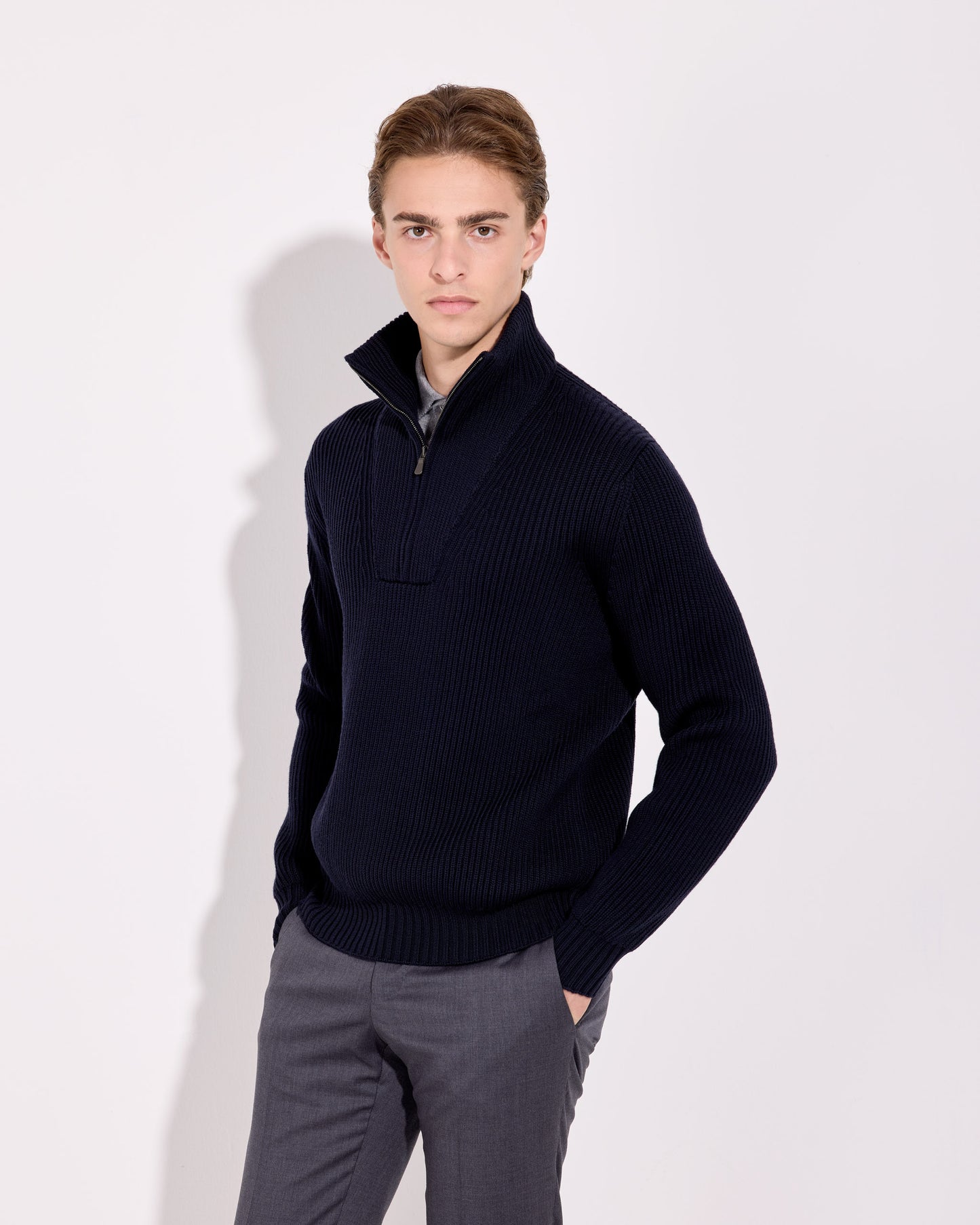 Maglia mezza zip lana merino blu navy