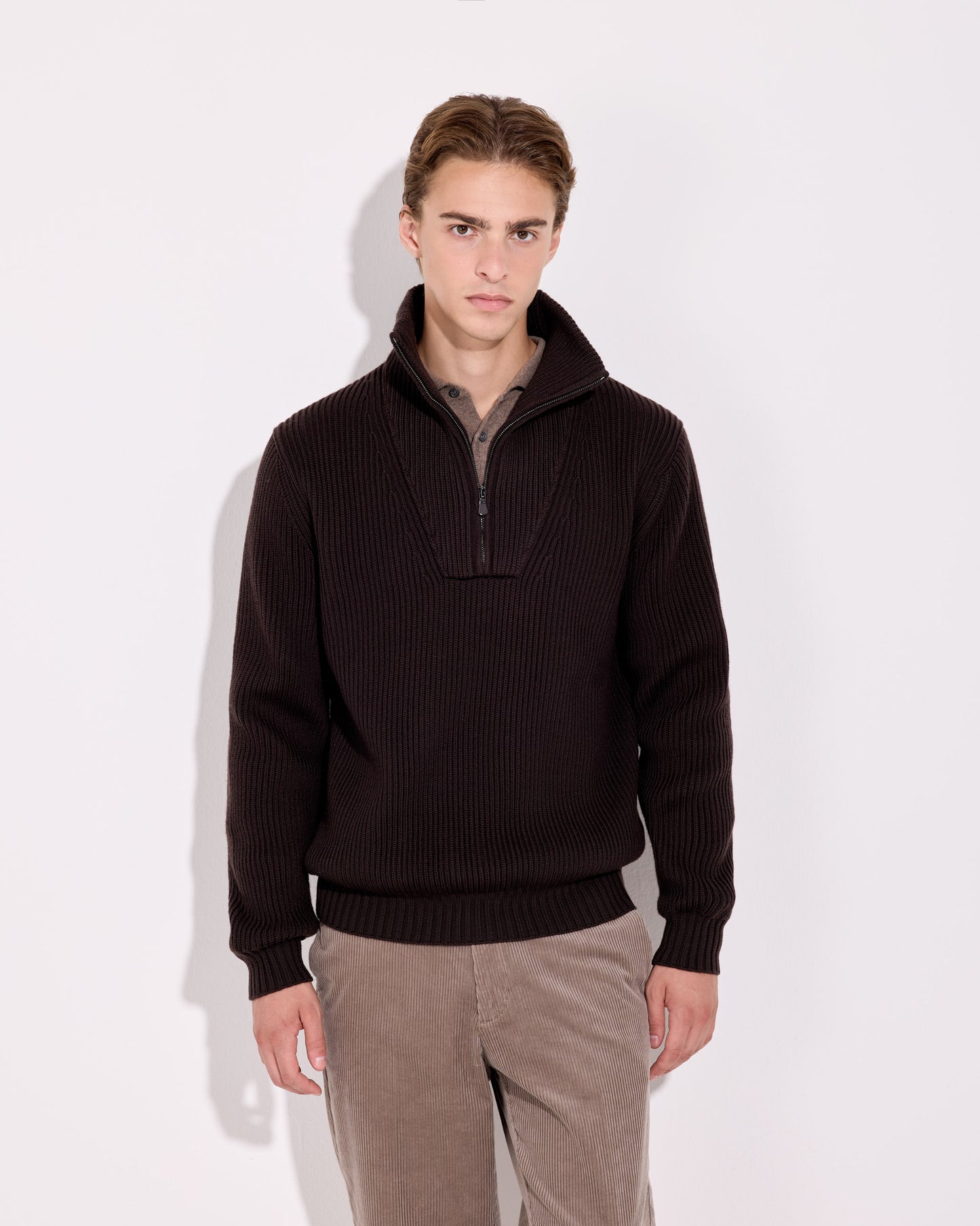 Maglia mezza zip lana merino cioccolato