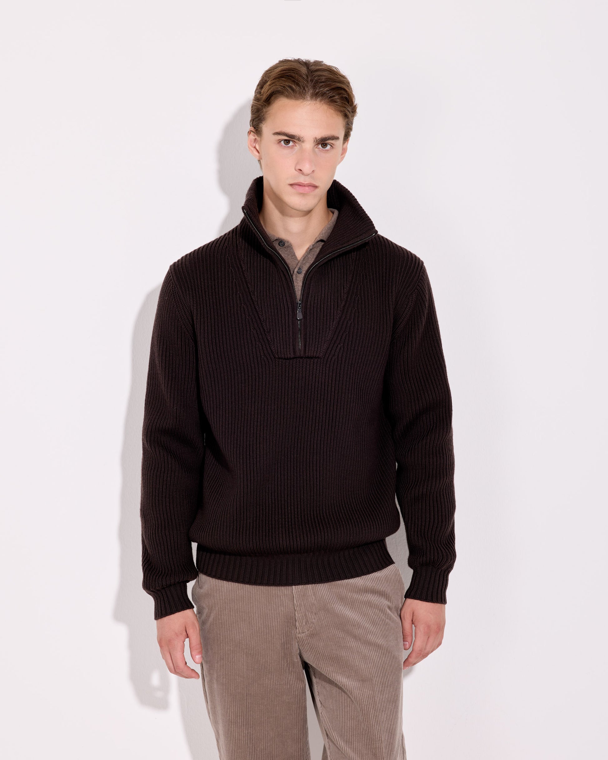 Maglia mezza zip lana merino cioccolato