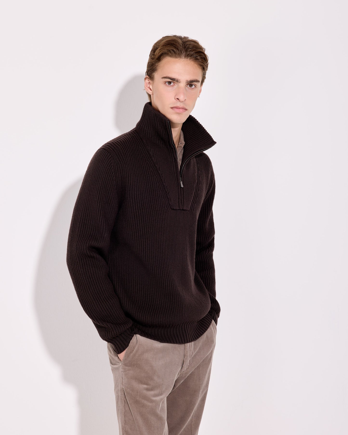 Maglia mezza zip lana merino cioccolato
