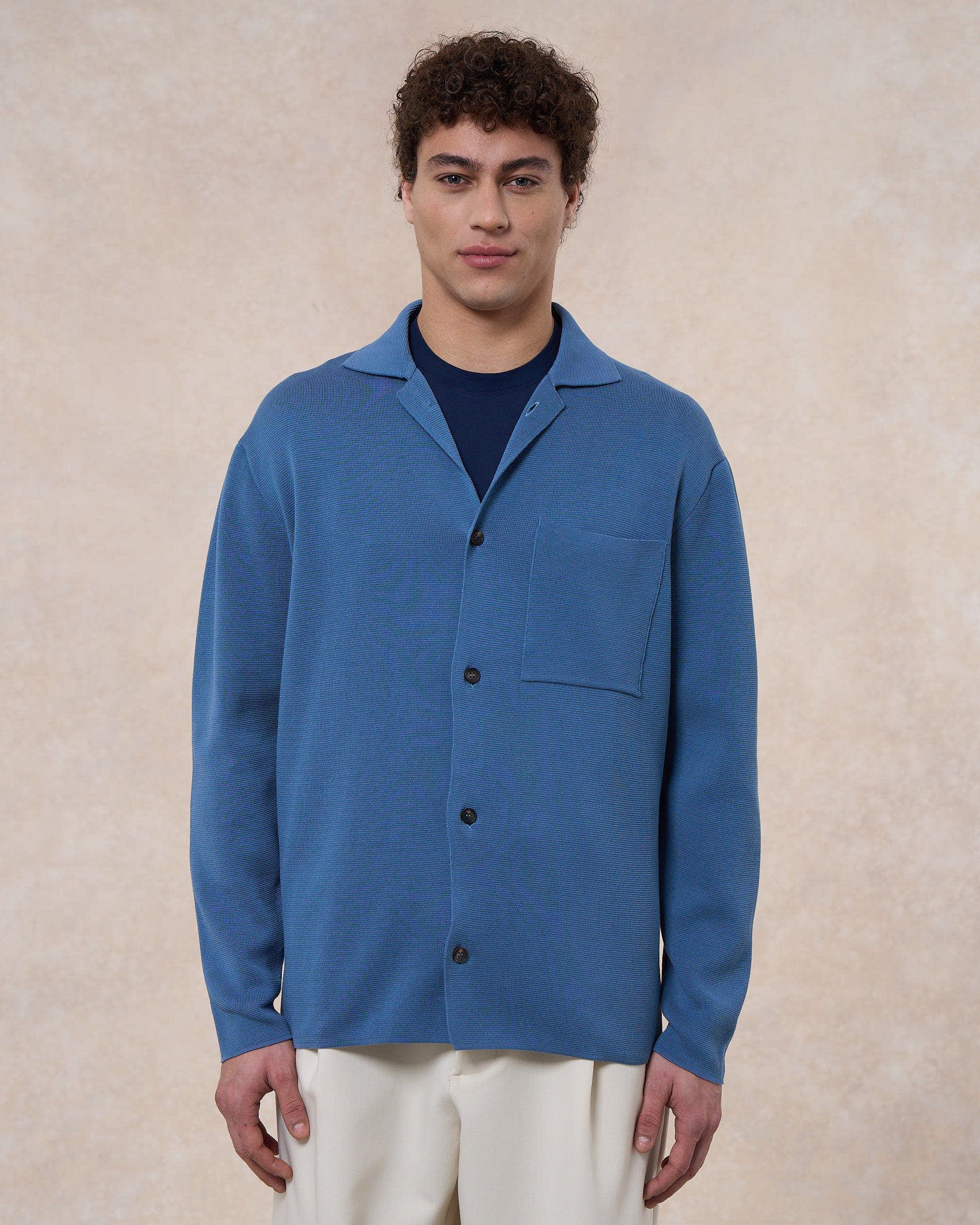 Overshirt blu avio in cotone in punto milano