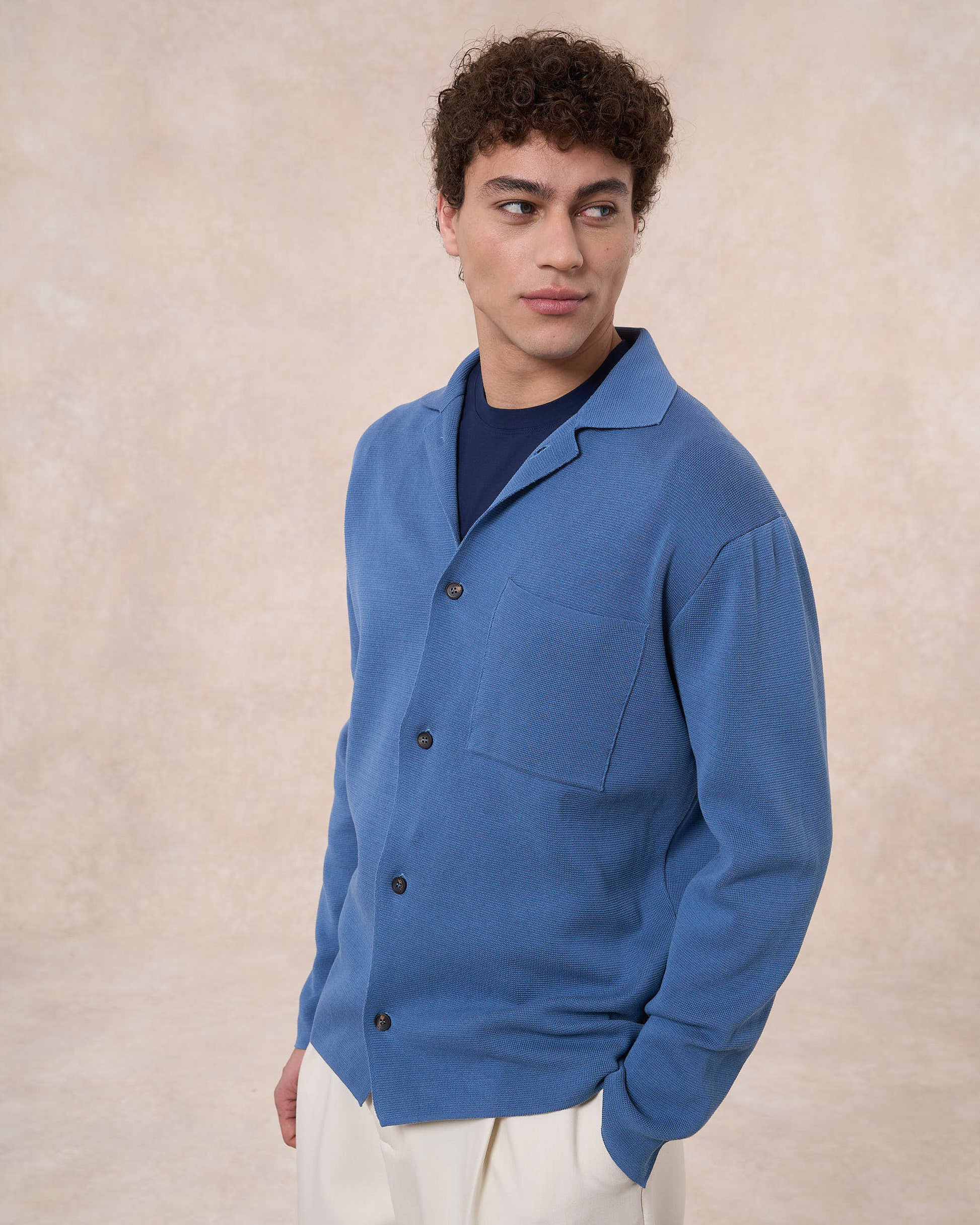 Overshirt blu avio in cotone in punto milano