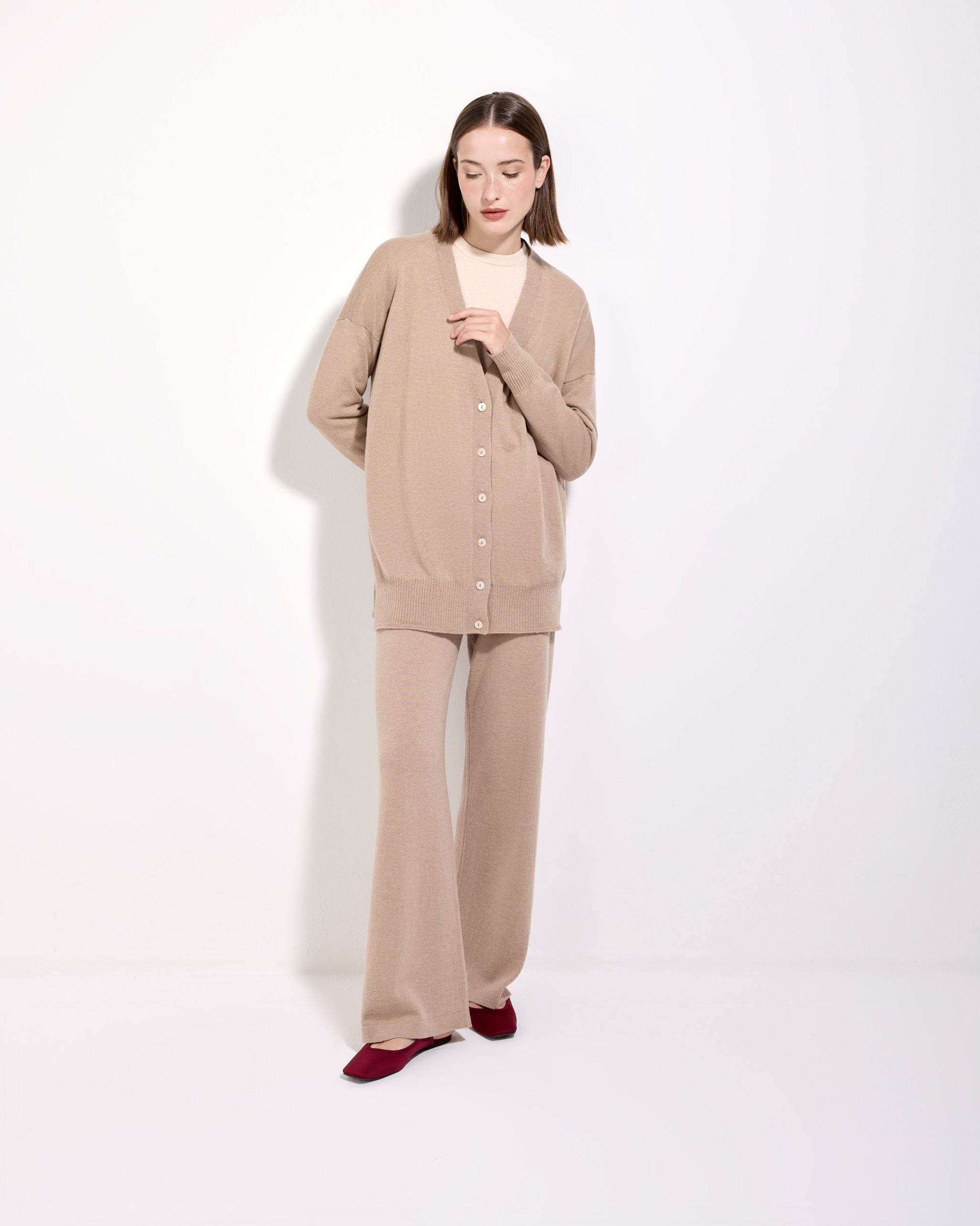 Pantalone palazzo lana seta cashmere sabbia