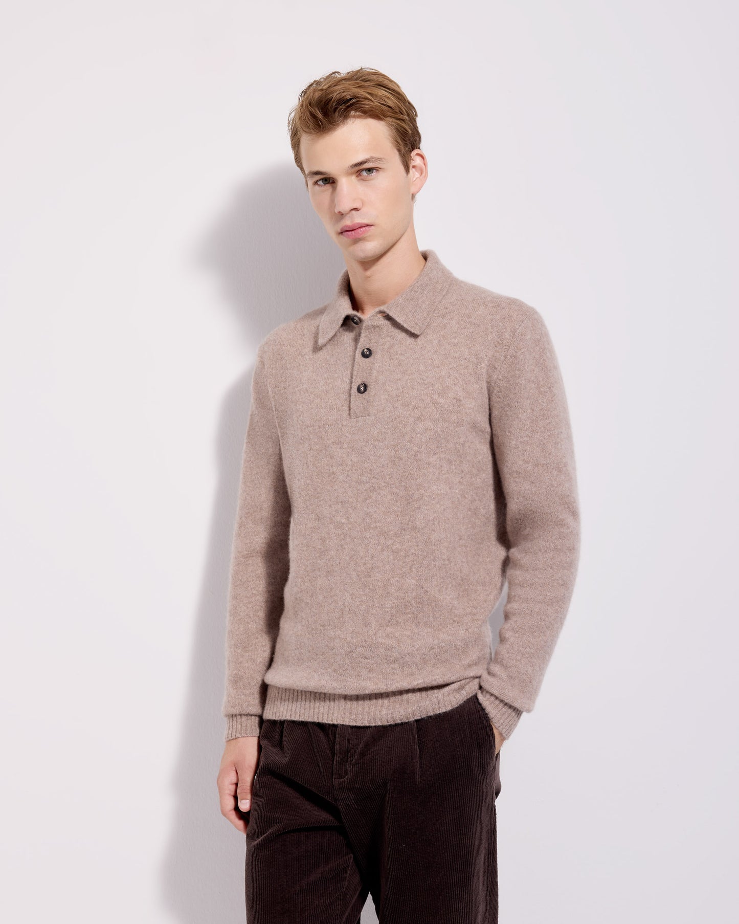 Maglia a polo garzata cashmere seta grigio