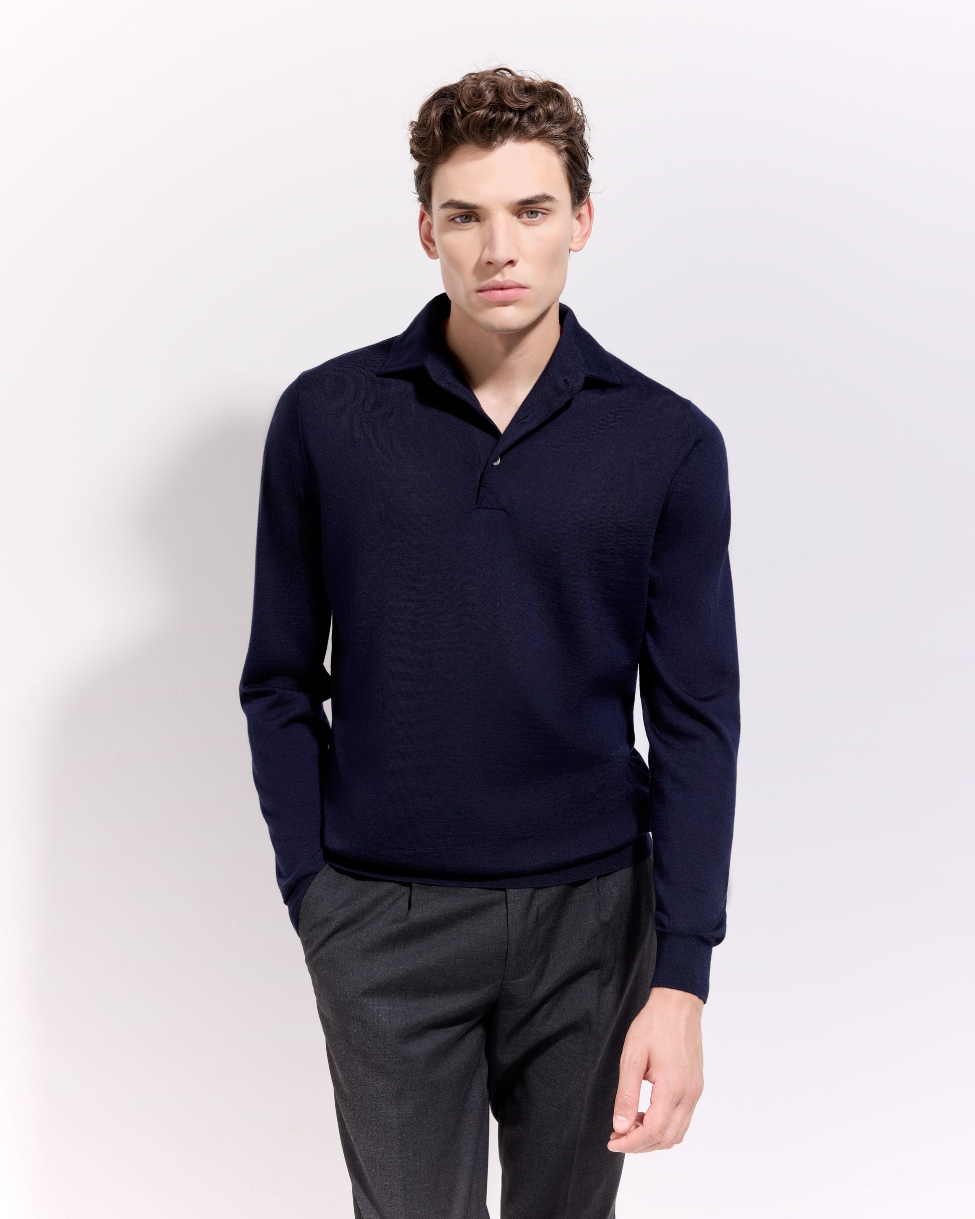 Polo collo con paramontura lana seta cashmere blu navy