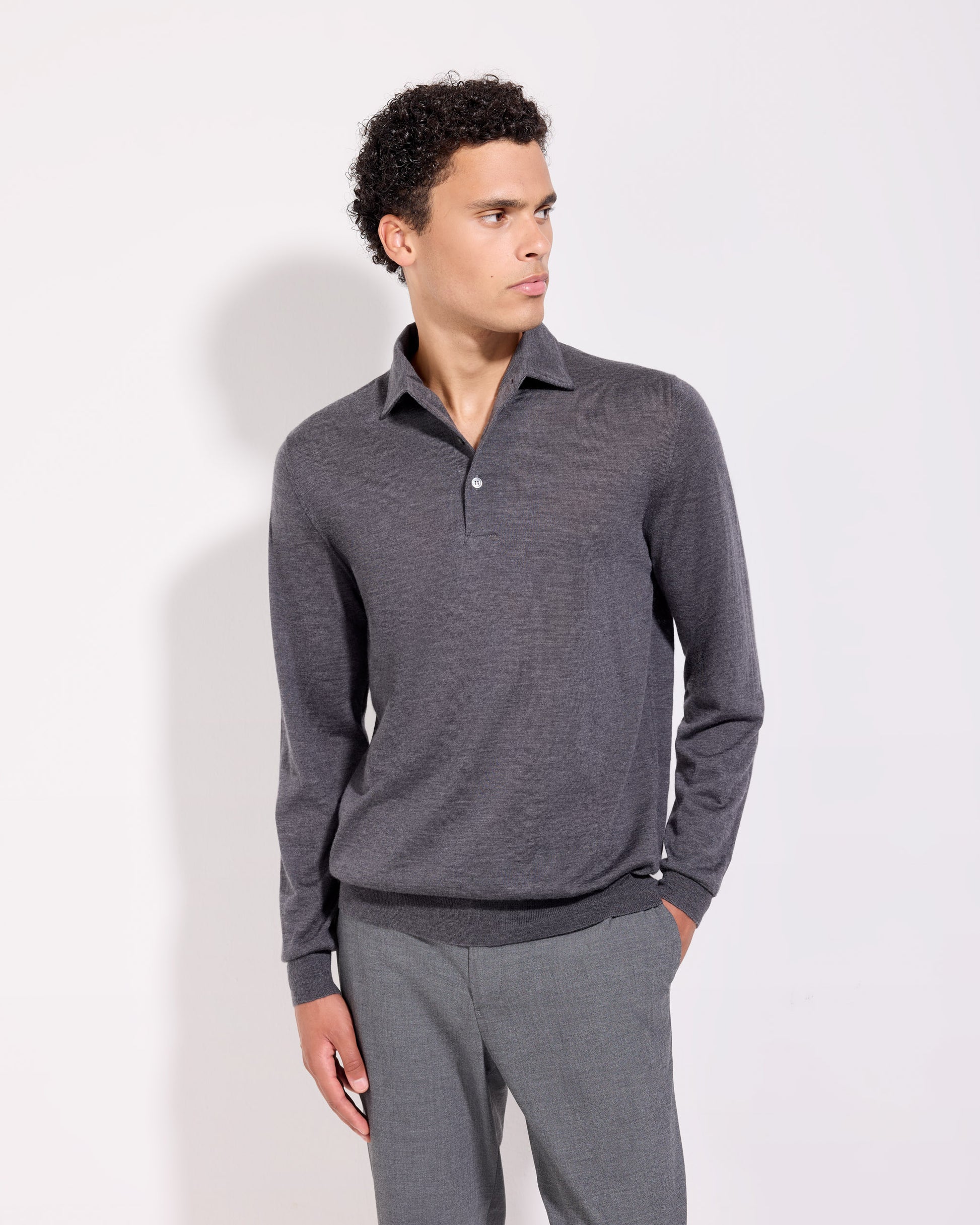 Polo collo con paramontura lana seta cashmere grafite