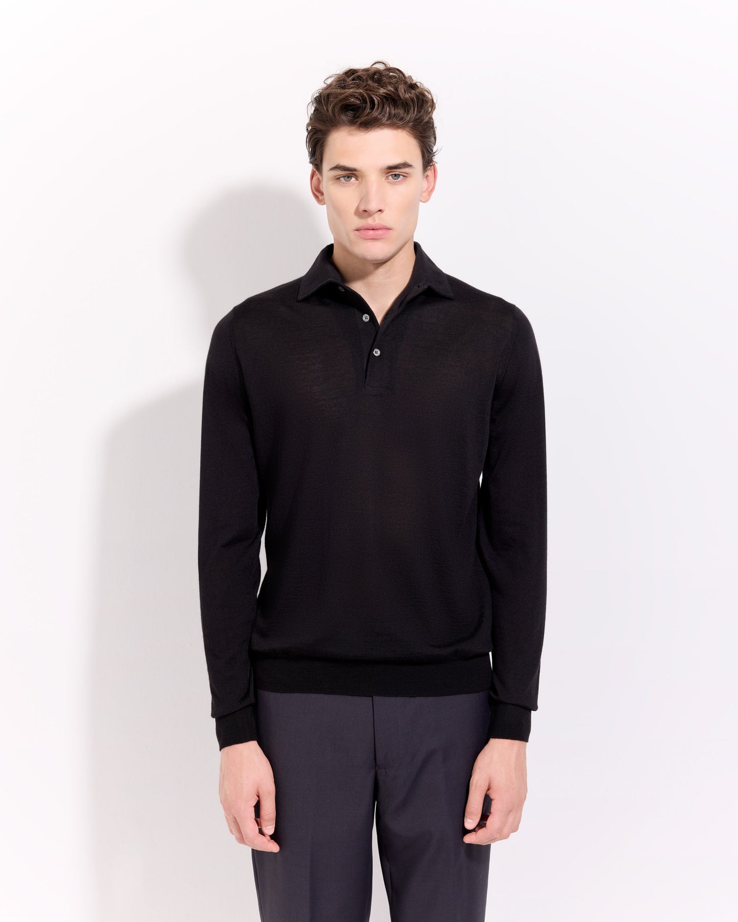 Polo collo con paramontura lana seta cashmere nero