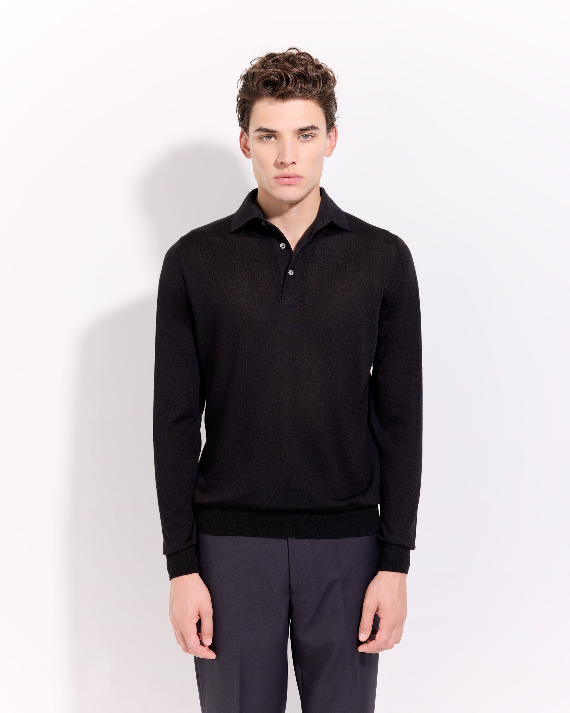 Polo collo con paramontura lana seta cashmere nero