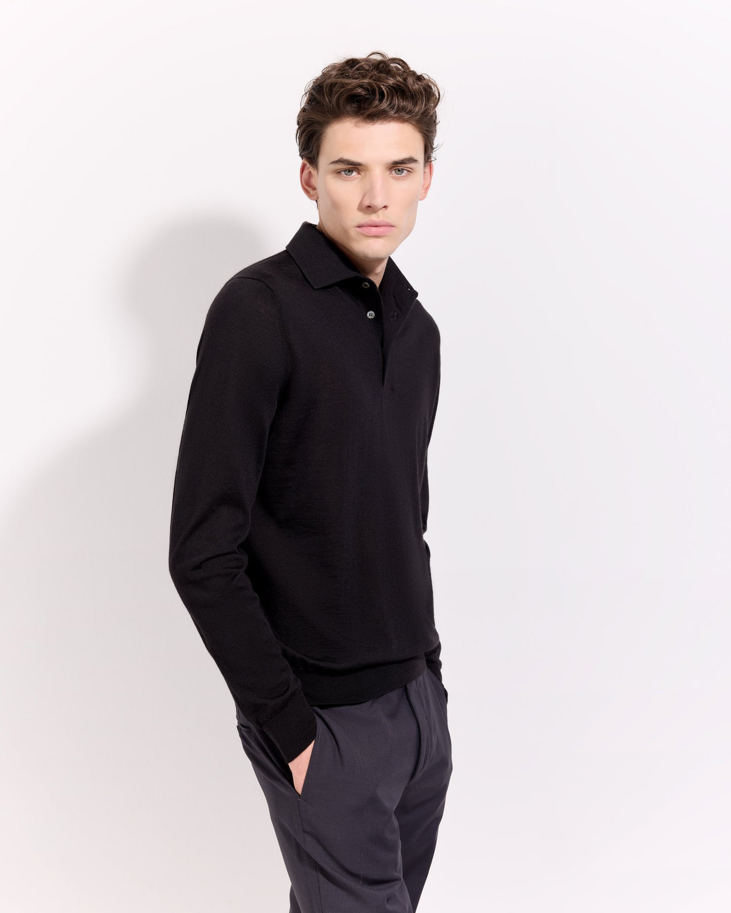 Polo collo con paramontura lana seta cashmere nero