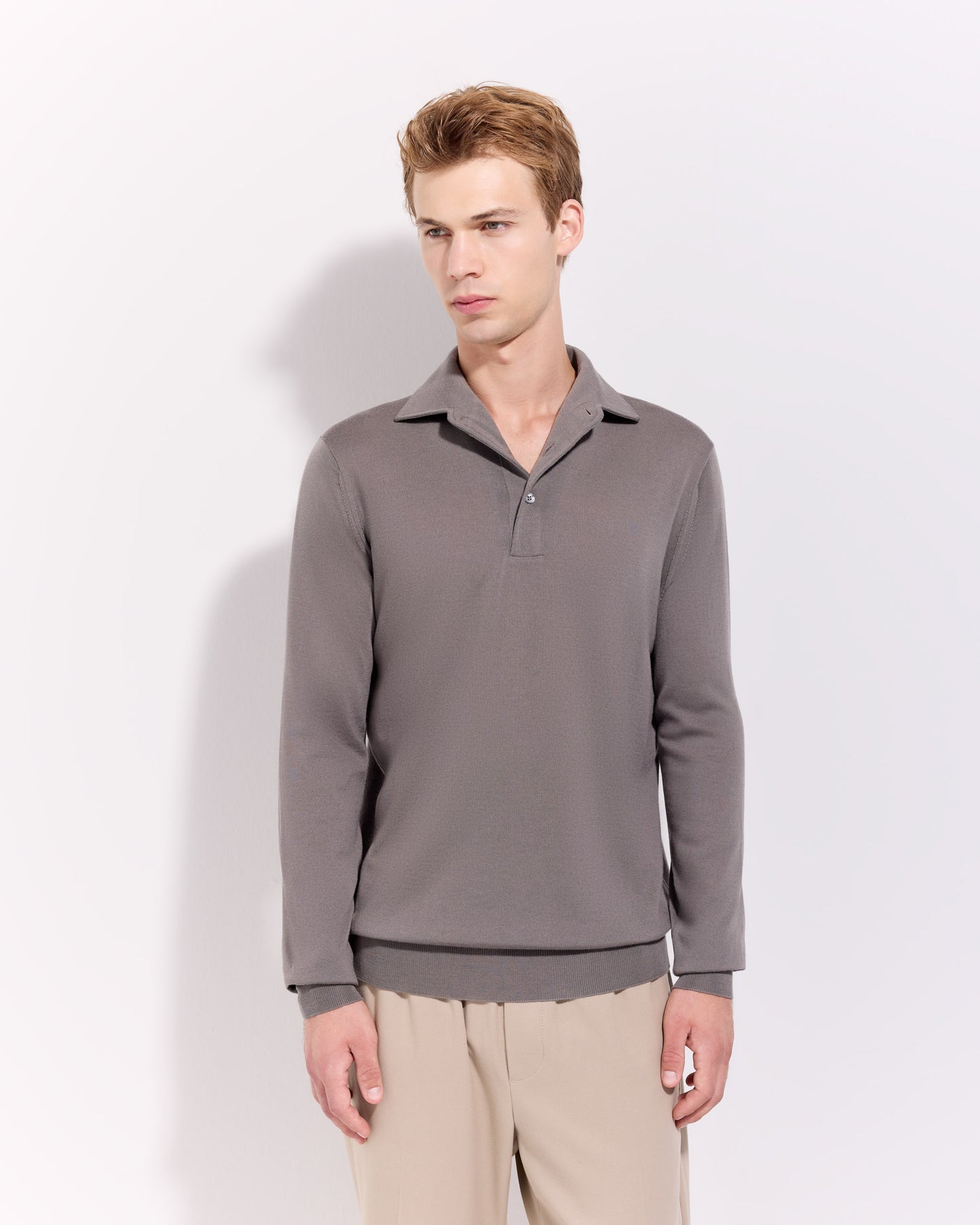 Polo collo con paramontura royal merino tortora
