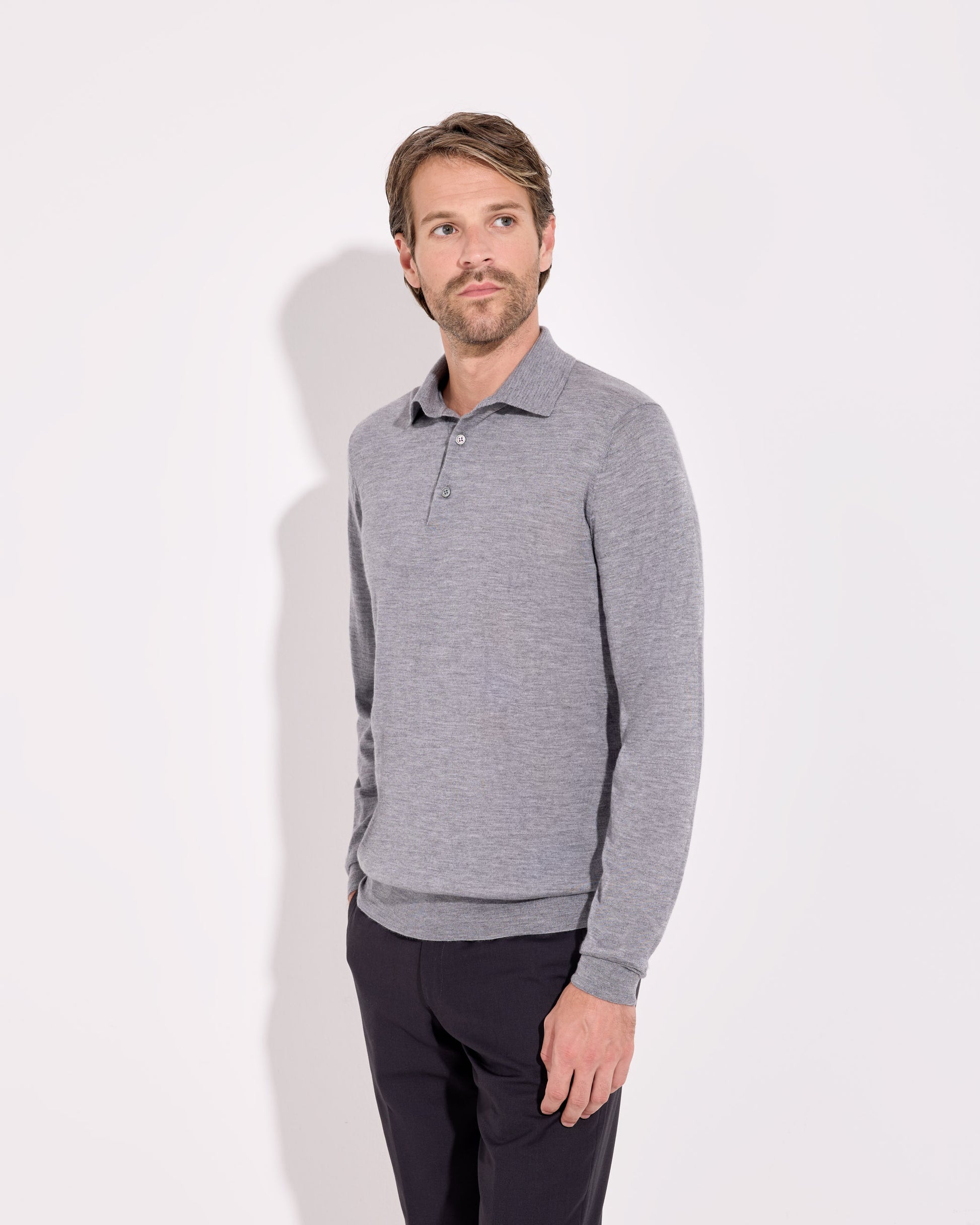 Maglia a polo cashmere seta grigio fumo