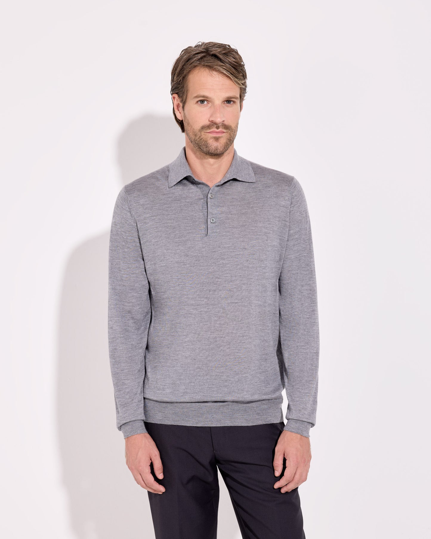 Maglia a polo cashmere seta grigio fumo