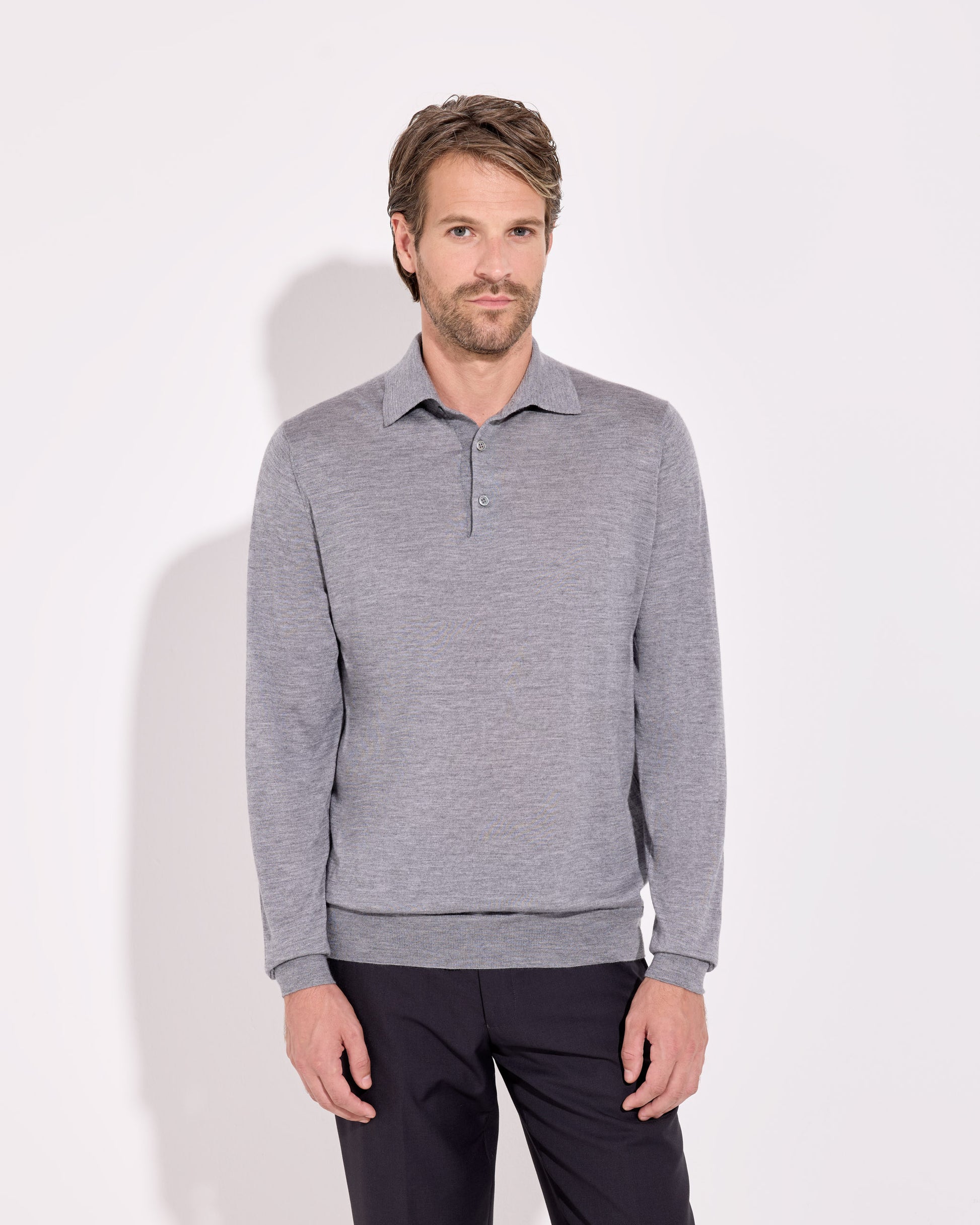 Maglia a polo cashmere seta grigio fumo