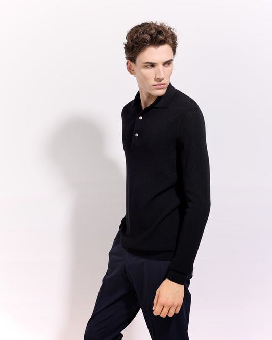Maglia a polo costina royal merino nero 
