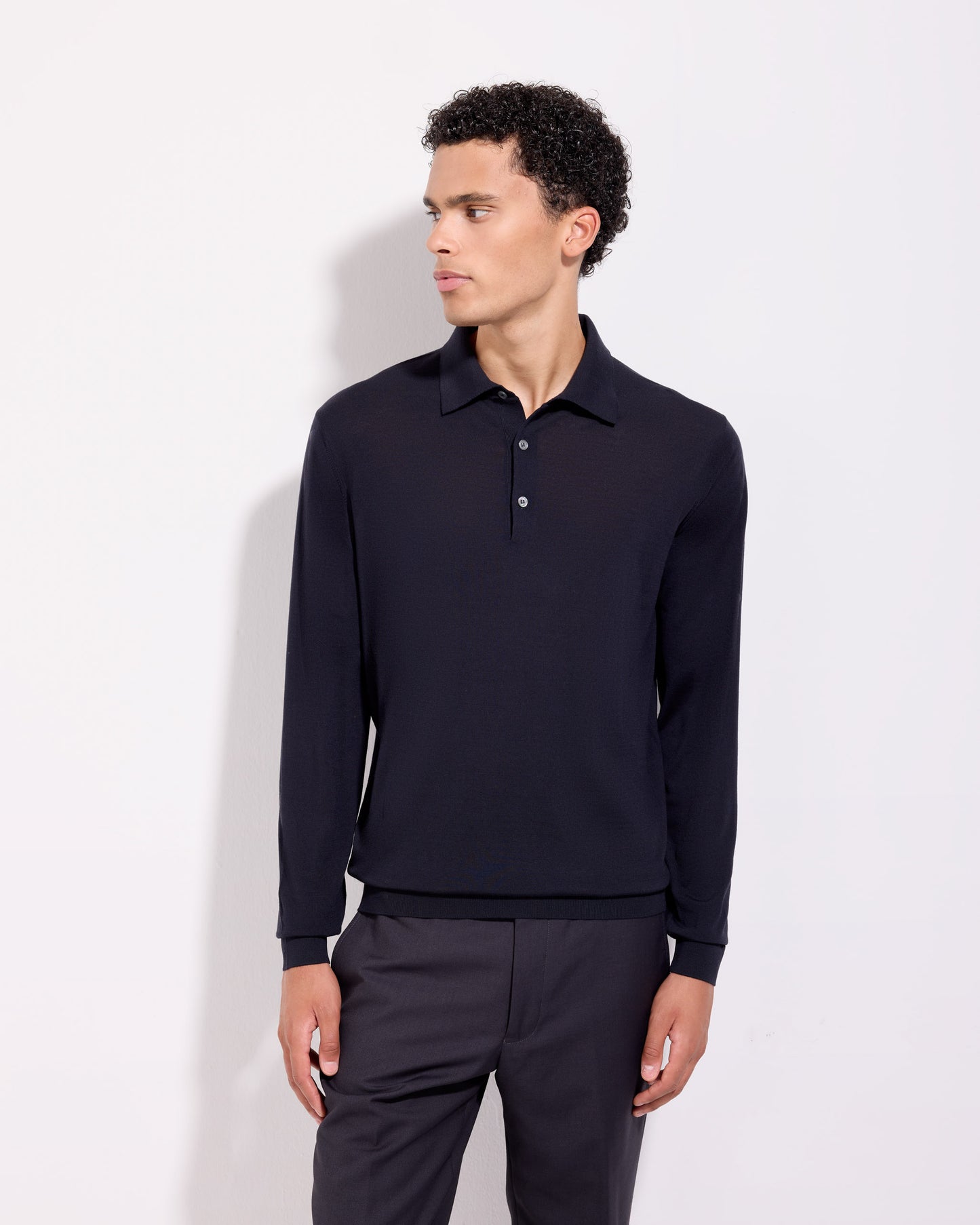 Polo manica lunga 180s merino blu navy