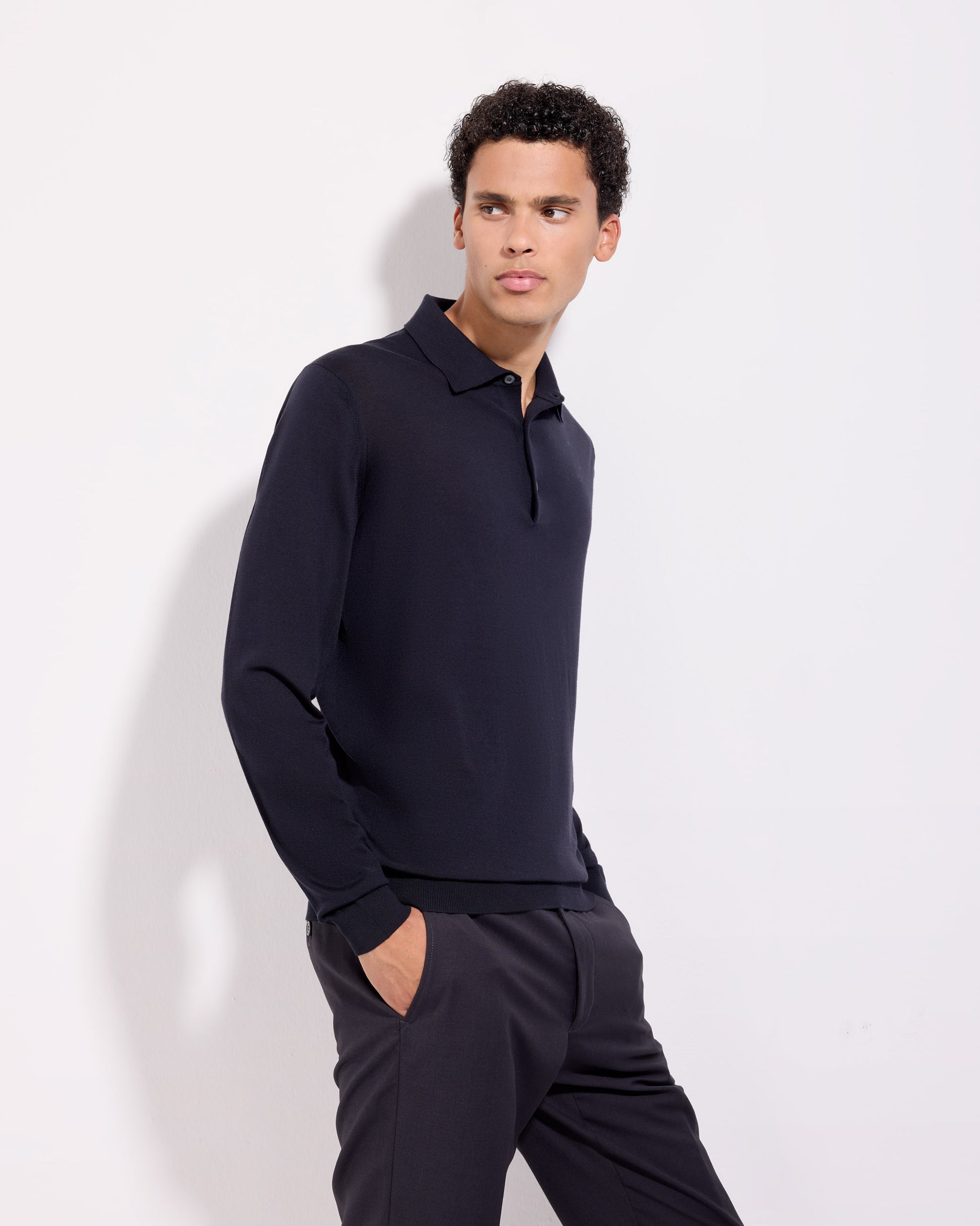 Polo manica lunga 180s merino blu navy