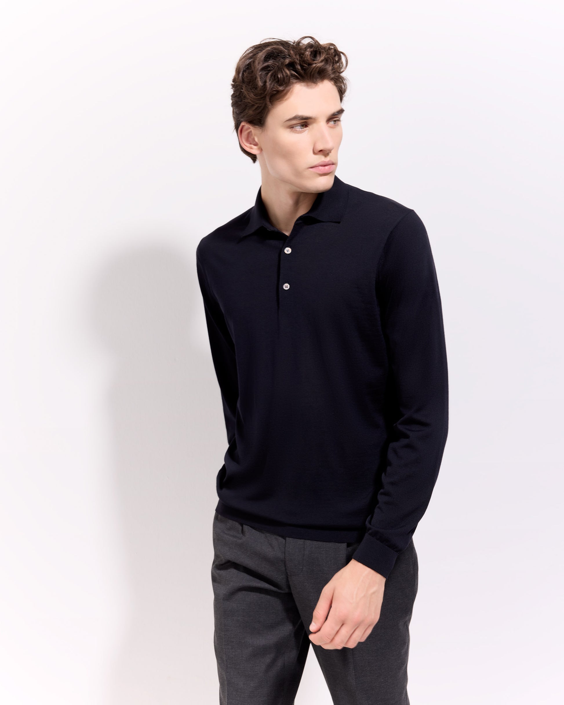 Polo manica lunga 180s merino nero