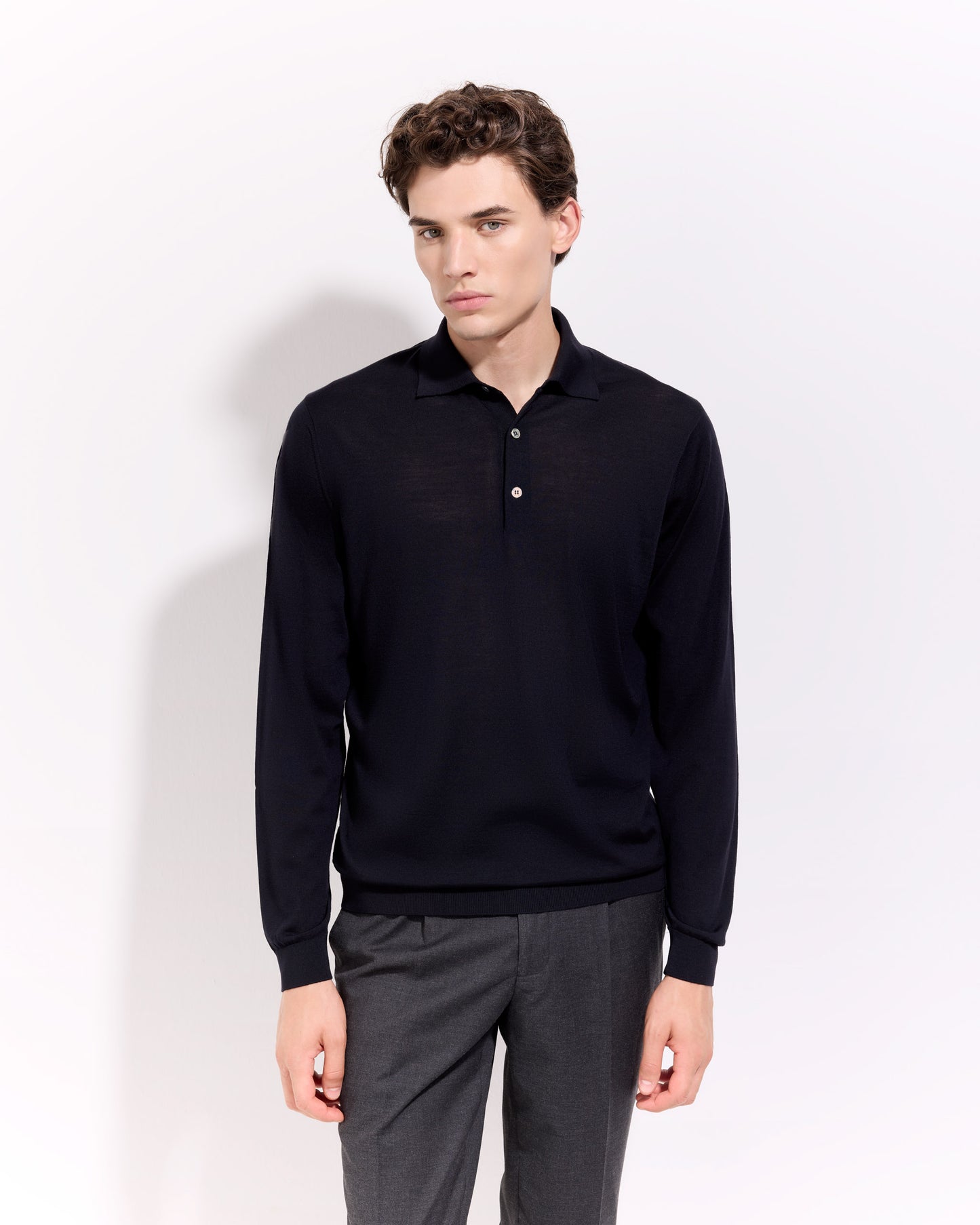 Polo manica lunga 180s merino nero