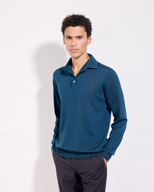 Polo collo con paramontura royal merino turchese scuro