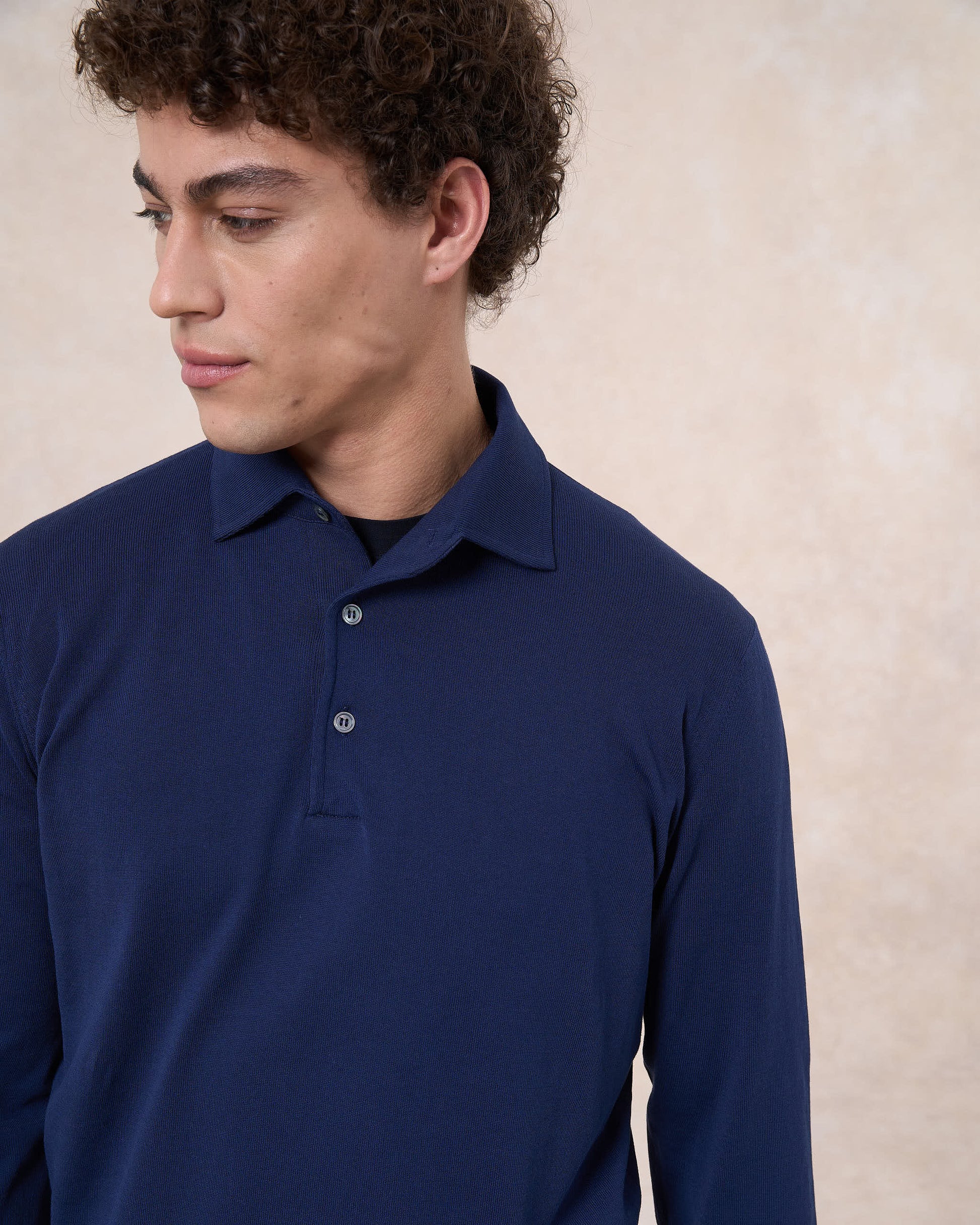 Polo paramontura indaco in cotone crepe manica lunga