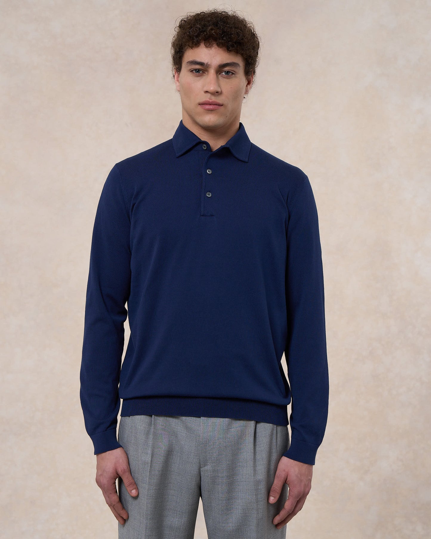 Polo paramontura indaco in cotone crepe manica lunga