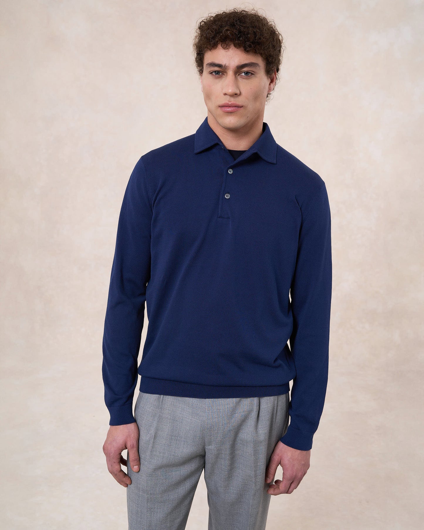 Polo paramontura indaco in cotone crepe manica lunga