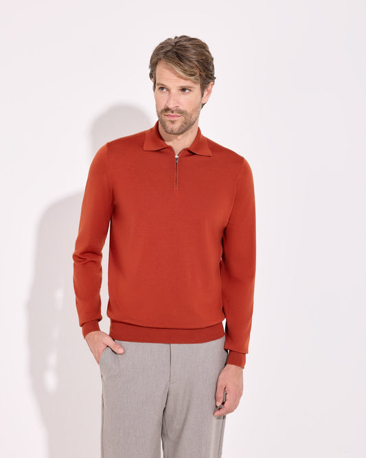 Polo zip royal merino arancione